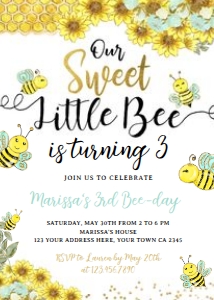 Sweet Little Bee Birthday Invitation (Teal&Gold) - www.printerfairy.com design preview
