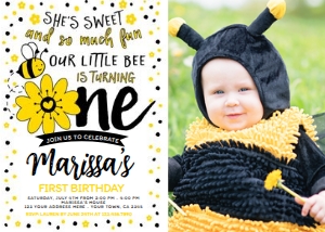 Bee 1st Birthday Invitation with photo (Yellow & Black) - www.printerfairy.com design preview