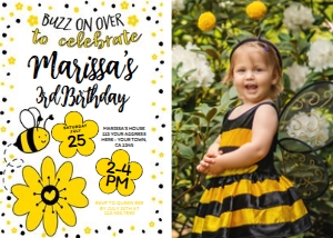 Bee Birthday Invitation photo (Yellow & Black) - www.printerfairy.com design preview