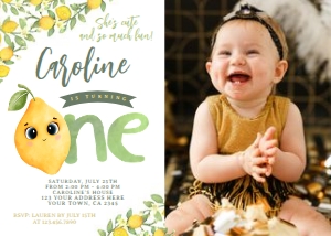 Lemon 1st Birthday Invitation (face) with photo - www.printerfairy.com design preview
