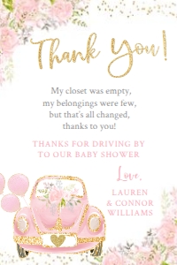 Drive By Baby Shower Parade (Pink & Gold) Thank You Card- www.printerfairy.com: Drive By Baby Shower Parade (Pink & Gold) Thank You Card- www.printerfairy.com