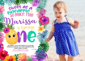 Pineapple First Birthday Party Invitation with photo - www.printerfairy.com design preview