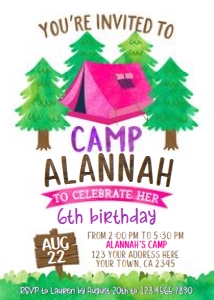 Camping Birthday Invitation (White-Pink) - www.printerfairy.com design preview