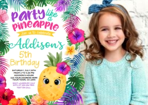 Pineapple Birthday Party Invitation with photo (purple) - www.printerfairy.com design preview