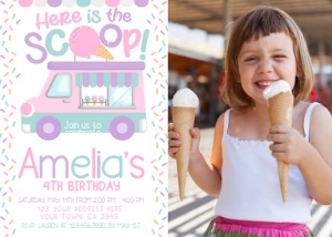 Ice Cream Truck Birthday Party Invitation (pink, violet) with photo - www.printerfairy.com design preview