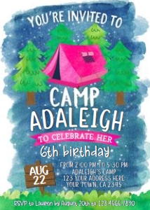 Camping Birthday Invitation (Night-Pink) - www.printerfairy.com design preview