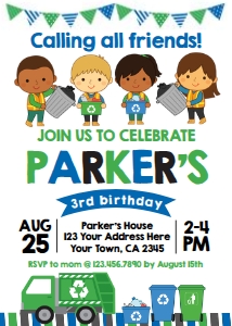 Trash Truck Friends - Birthday Party Invitation (white) - www.printerfairy.com design preview
