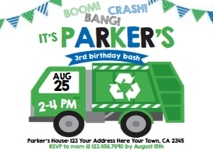 Trash Truck - Birthday Party Invitation horizontal (white) - www.printerfairy.com design preview