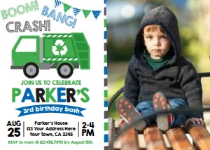 Trash Truck - Birthday Party Invitation with photo (white) - www.printerfairy.com design preview