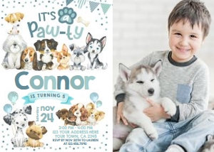 Puppies Invitation with photo (Blue Watercolor) - www.printerfairy.com design preview