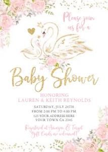 Swan Baby Shower Invitation (Pink & Gold) - www.printerfairy.com design preview