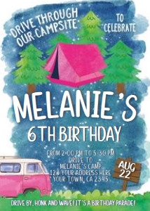 Drive By Camping Birthday Invitation (Night-Pink) - www.printerfairy.com design preview