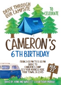 Drive By Camping Birthday Invitation (White) - www.printerfairy.com design preview