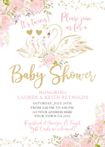 Swan Baby Shower Invitation for Twins (Pink & Gold) - www.printerfairy.com design preview