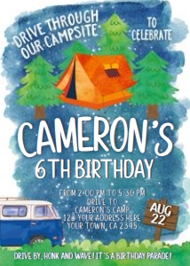 Drive By Camping Birthday Invitation (Night-Orange) - www.printerfairy.com design preview