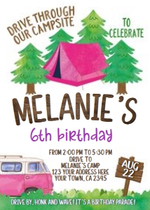 Drive By Camping Birthday Invitation (White Pink) - www.printerfairy.com design preview