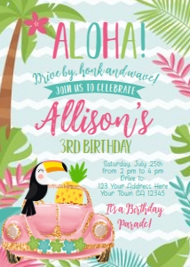Luau Drive By Birthday Party Invitation (blue) - www.printerfairy.com design preview