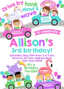 Drive By - Pool Party Birthday Parade Party Invitation (pink) - www.printerfairy.com design preview