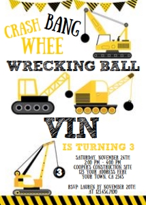 Construction Wrecking Ball Birthday Party Invitation - www.printerfairy.com design preview