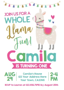 Llama Birthday Invitation (white) - www.printerfairy.com design preview