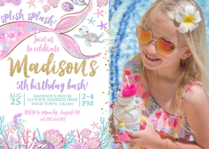 Mermaid Birthday Invitation (glitter) with photo - www.printerfairy.com design preview