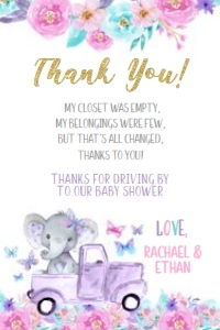 Elephant Baby Shower Parade Thank You Cards (floral) - www.printerfairy.com design preview