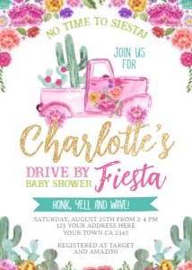 Fiesta and Cactus Drive By Floral Baby Shower Invitation (pink) - www.printerfairy.com design preview