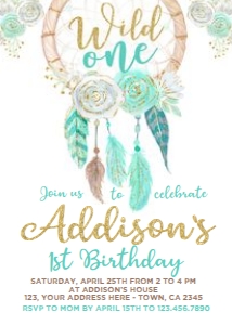 Dreamcatcher ONE Invitation (blue) - www.printerfairy.com: Dreamcatcher ONE Invitation (blue) - www.printerfairy.com