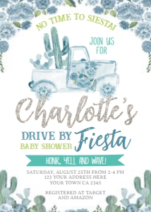 Fiesta and Cactus Drive By Floral Baby Shower Invitation (blue) - www.printerfairy.com: Fiesta and Cactus Drive By Floral Baby Shower Invitation (blue) - www.printerfairy.com