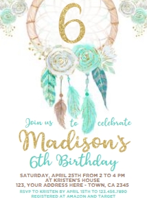 Dreamcatcher Birthday Invitation (blue) - www.printerfairy.com design preview