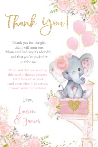 Floral Elephant Shower by Mail Thank You Cards (Pink & Gold) - www.printerfairy.com design preview