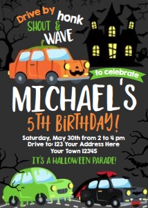 Drive By - Halloween Birthday Parade Party Invitation (black) - www.printerfairy.com design preview