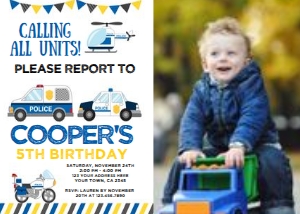 Police Cars Birthday Invitation (white background) with photo - www.printerfairy.com: Police Cars Birthday Invitation (white background) with photo - www.printerfairy.com