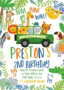 Color Jungle Drive By Birthday Invitation - www.printerfairy.com design preview