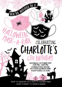 Pink Halloween Maskarade Birthday Invitation - www.printerfairy.com design preview
