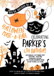 Orange Halloween Maskarade Birthday Invitation - www.printerfairy.com design preview
