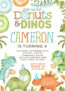 Dinosaur & Donuts Birthday Invitation_01_watercolor (white background) - www.printerfairy.com design preview