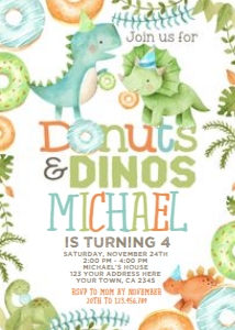 Dinosaur & Donuts Birthday Invitation_watercolor_02 (white background) - www.printerfairy.com design preview