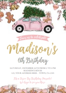 Christmas Drive By Birthday Invitation (Pink&Gold) - www.printerfairy.com: Christmas Drive By Birthday Invitation (Pink&Gold) - www.printerfairy.com