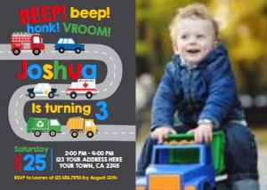 Transportation Birthday Invitation (dark grey) with photo - www.printerfairy.com design preview