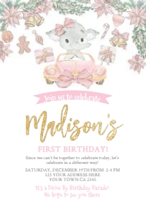 Christmas Elephant Drive By Birthday Invitation (Pink) - www.printerfairy.com: Christmas Elephant Drive By Birthday Invitation (Pink) - www.printerfairy.com