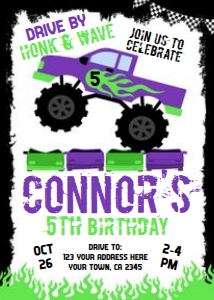 Monster Truck Drive By Birthday Invitation (white) - www.printerfairy.com: Monster Truck Drive By Birthday Invitation (white) - www.printerfairy.com