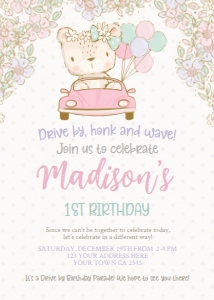 Teddy Bear Drive By Birthday Invitation (Pink) - www.printerfairy.com: Teddy Bear Drive By Birthday Invitation (Pink) - www.printerfairy.com