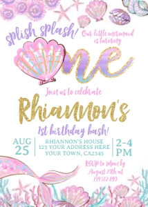 Mermaid First Birthday Invitation (glitter) - www.printerfairy.com design preview