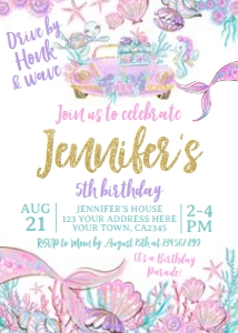 Mermaid Drive by Birthday Invitation (glitter) - www.printerfairy.com design preview