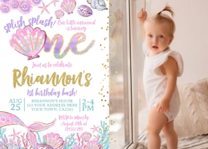 Mermaid First Birthday Invitation with photo (glitter) - www.printerfairy.com design preview