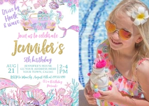 Mermaid Drive by Birthday Invitation (glitter) with photo - www.printerfairy.com design preview