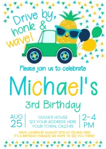 Pineapple Drive By Birthday Invitation (Blue) - www.printerfairy.com design preview