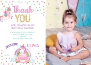 Unicorn Drive By Thank You Card with photo - www.printerfairy.com design preview