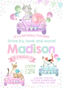 Kitties Invitation Drive By (Pastels Watercolor) - www.printerfairy.com: Kitties Invitation Drive By (Pastels Watercolor) - www.printerfairy.com
